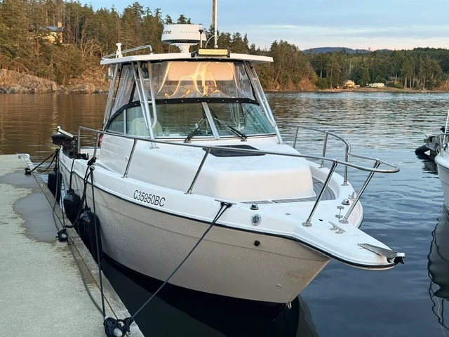 Front view of the Live Life Coastal boat tied alongside the dock