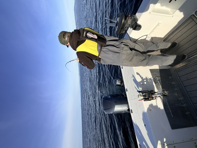 An angler working a rod from the stern of the charter boat